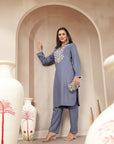 Rayon Kurta Set with Embroidered Mandarin Collar, Full Sleeves & Stitched-Hem Palazzo