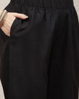 Embroidered black cotton linen kurta set with lace-detailed palazzo