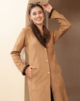 Suede Long Coat with Fur Collar & Sleeve Detailing