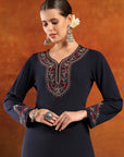 Knitted Wool Kurta Set with Embroidery, Palazzo & Tasselled Chanderi Dupatta