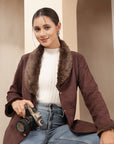 Suede Long Coat with Fur Collar & Sleeve Detailing