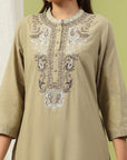 Mandarin-Collar Cotton-Blend Kurta Set with Embroidered Palazzo & Zari-Edged Dupatta