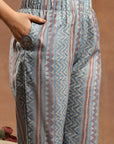 Tribal Printed Straight Kurta Set with Lace Detailing & Chiffon Dupatta