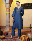 Solid Poly Viscose Kurta Set with Zari Embroidery
