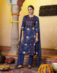 Floral Printed Cotton A-line Kurta Set with Dupatta for Women