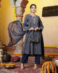 Paisley Printed A-Line Cambric Kurta Set and Chiffon Dupatta