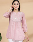Solid Straight Cotton Dobby Top with Embroidery