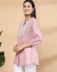 Solid Straight Cotton Dobby Top with Embroidery