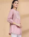 Solid Straight Cotton Dobby Top with Embroidery