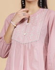 Solid Straight Cotton Dobby Top with Embroidery