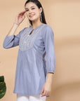 Solid Straight Cotton Dobby Top with Embroidery