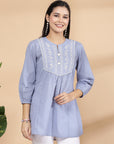 Solid Straight Cotton Dobby Top with Embroidery