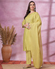 Zari Embroidered Poly Chanderi Kurta Set with Palazzo & Organza Dupatta