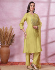 Zari Embroidered Poly Chanderi Kurta Set with Palazzo & Organza Dupatta