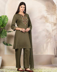 Solid A-Line Rayon Kurta Set with Embroidery & Chiffon Dupatta