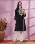 Chikankari-Inspired Embroidered Black Kurta Set with Pocketed Palazzo