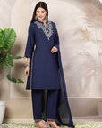 Solid Cotton Kurta Set with Embroidered Collar, Palazzo & Lace-Detailed Dupatta