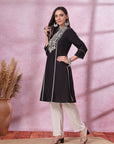 Chikankari-Inspired Embroidered Black Kurta Set with Pocketed Palazzo