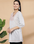 Solid Cotton Dobby Top with Slit Neck & Elasticated Cuff Sleeves