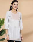 Solid Cotton Dobby Top with Slit Neck & Elasticated Cuff Sleeves