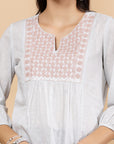 Solid Cotton Dobby Top with Slit Neck & Elasticated Cuff Sleeves