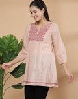 Solid Cotton Dobby Top with Slit Neck & Elasticated Cuff Sleeves