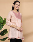 Solid Cotton Dobby Top with Slit Neck & Elasticated Cuff Sleeves