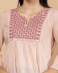 Solid Cotton Dobby Top with Slit Neck & Elasticated Cuff Sleeves