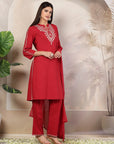 Solid Cotton Kurta Set with Embroidered Collar, Palazzo & Lace-Detailed Dupatta