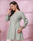 Ethnic Embroidered Kurti in Green with Smocked Sleeves