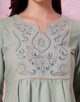 Ethnic Embroidered Kurti in Green with Smocked Sleeves