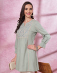 Ethnic Embroidered Kurti in Green with Smocked Sleeves