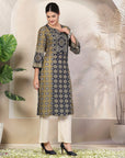 Abstract Printed A-Line Kurta with Sewroskie Work