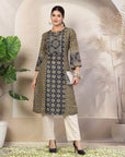 Abstract Printed A-Line Kurta with Sewroskie Work