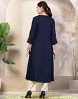 Thread Embroidered Rayon Kurta with Slit Sleeves & V-Neck