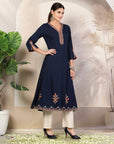 Thread Embroidered Rayon Kurta with Slit Sleeves & V-Neck