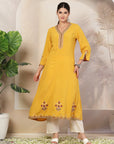 Solid Rayon Flared Kurta with Embroidered Detailing