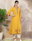 Solid Rayon Flared Kurta with Embroidered Detailing