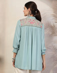 Floral Embroidered Rayon Crinkle Kurti with Mandarin Collar & Smocked Sleeves