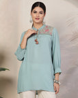 Floral Embroidered Rayon Crinkle Kurti with Mandarin Collar & Smocked Sleeves