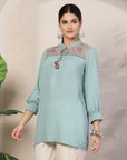 Floral Embroidered Rayon Crinkle Kurti with Mandarin Collar & Smocked Sleeves