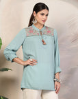 Floral Embroidered Rayon Crinkle Kurti with Mandarin Collar & Smocked Sleeves