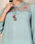 Floral Embroidered Rayon Crinkle Kurti with Mandarin Collar & Smocked Sleeves