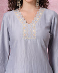 Thread Embroidered Viscose Kurta Set with Palazzo & Lace Chiffon Dupatta