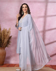 Thread Embroidered Viscose Kurta Set with Palazzo & Lace Chiffon Dupatta