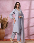 Thread Embroidered Viscose Kurta Set with Palazzo & Lace Chiffon Dupatta
