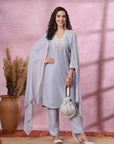 Thread Embroidered Viscose Kurta Set with Palazzo & Lace Chiffon Dupatta