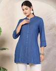 Rayon Slub Tunic with Pleated Yoke & Lace-Trimmed Mandarin Collar
