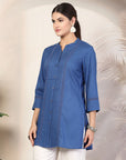 Rayon Slub Tunic with Pleated Yoke & Lace-Trimmed Mandarin Collar