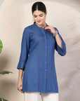 Rayon Slub Tunic with Pleated Yoke & Lace-Trimmed Mandarin Collar